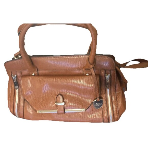 London Fog Tote Shopper Bag Cognac Brown Large Double Handle with Pockets Strap - Picture 2 of 16